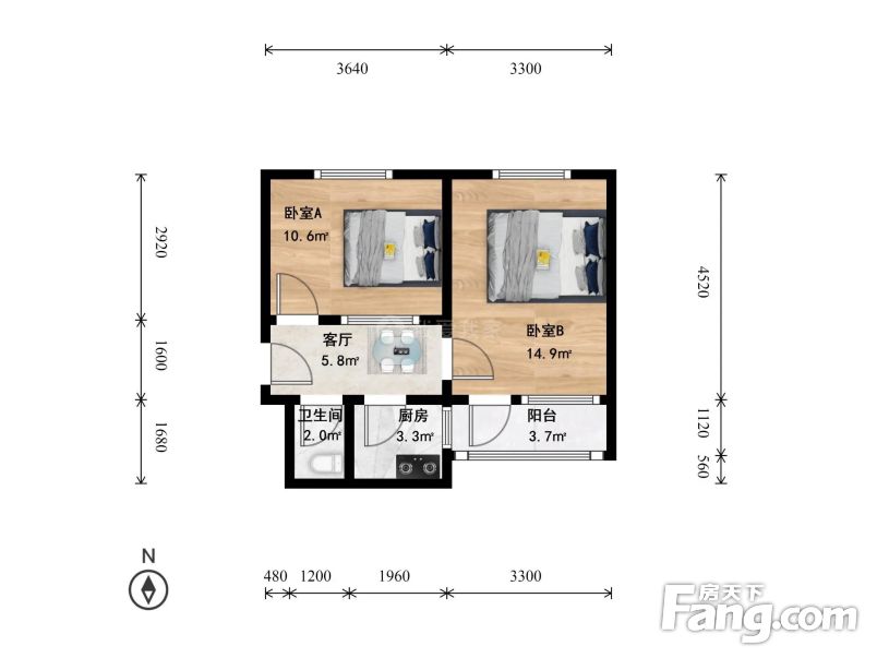 八角北里全北向顶层两居室看房有钥匙提前联系
