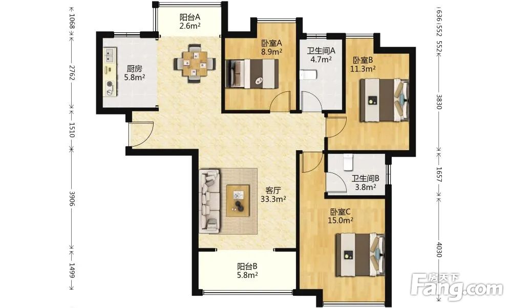 美的城3室1厅南