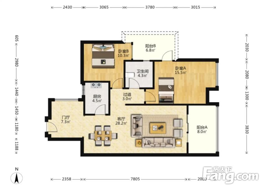 华都美林湾小区标准套二竖厅户型对小区中庭东南向