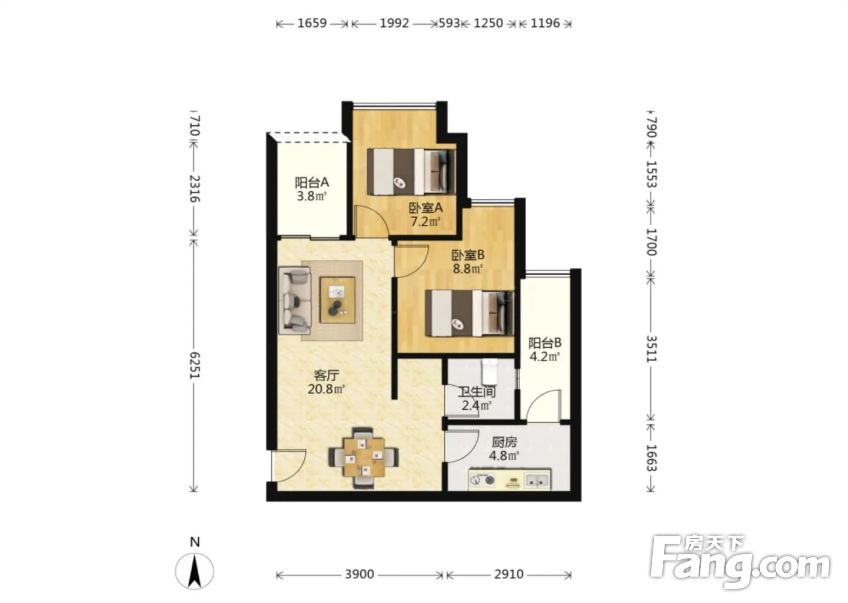 龙湖u城2居室户型方正中高楼层