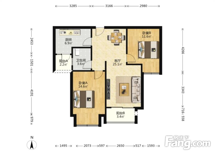 正规两房带阳台户型方正采光通风佳