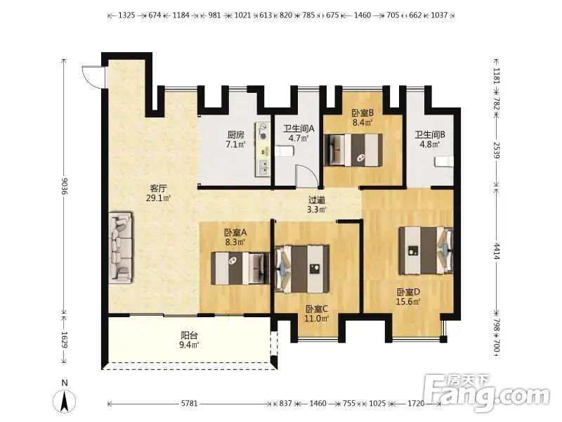 华侨城红坊4室2厅13957平