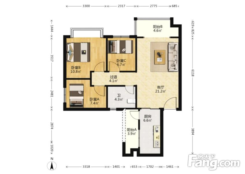 居家花园小区恒大山水城116万3室1厅1卫精装修